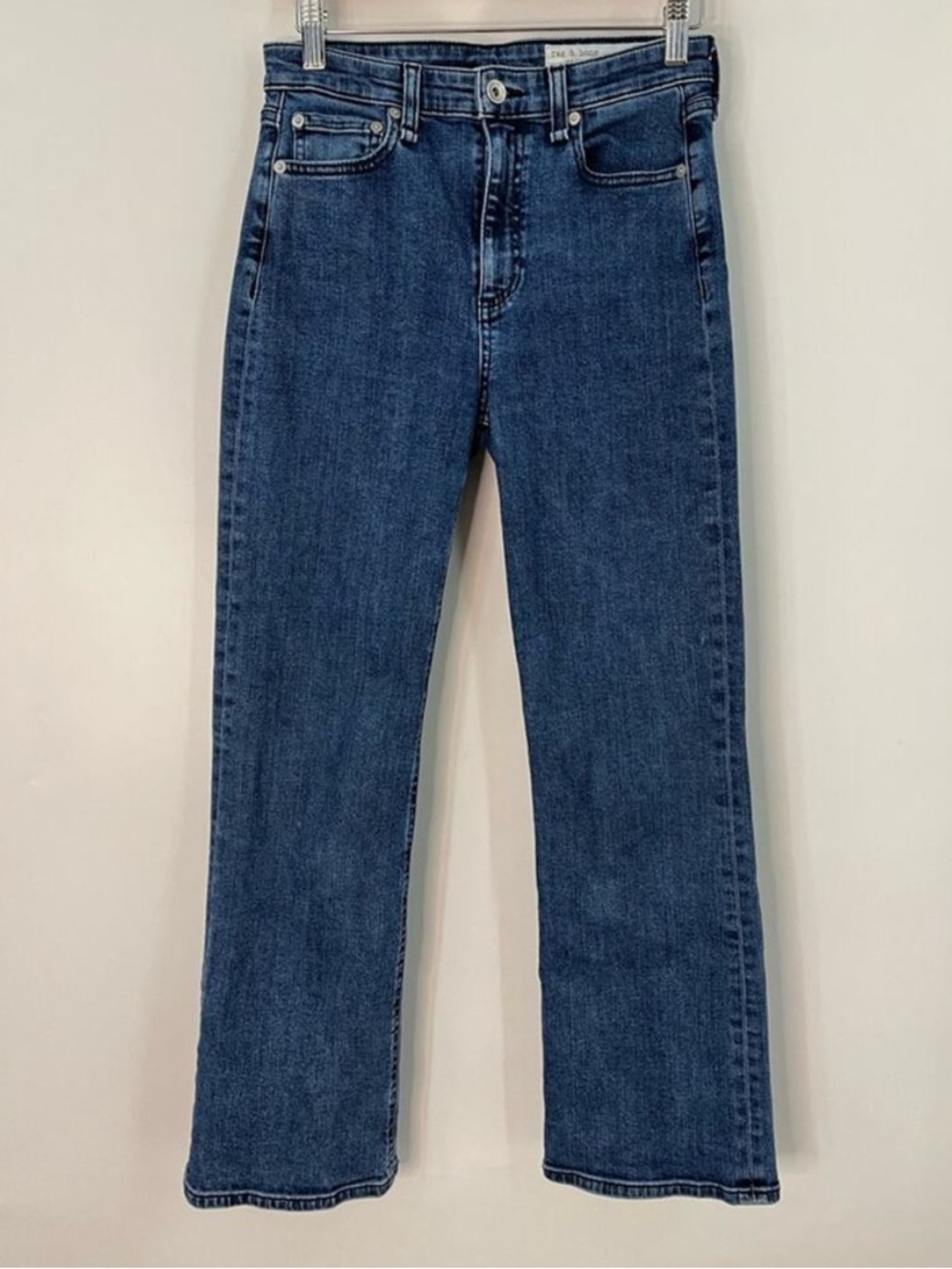 rag & bone Mid-Rise Cropped Flare Jeans in med dark Blue denim